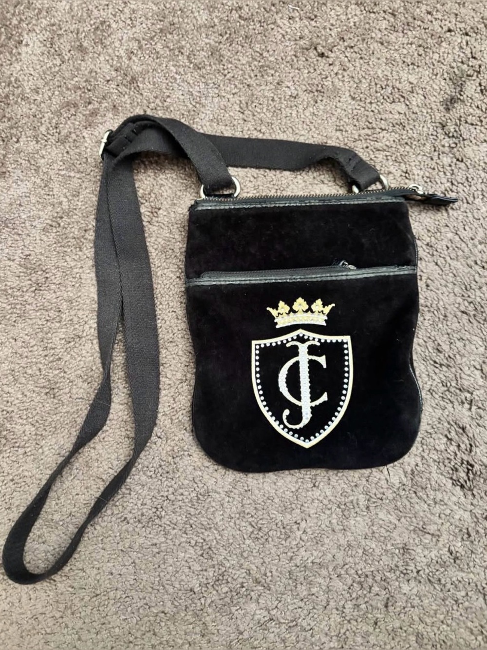 Juicy Couture Black Velvet Crossbody Bag with Crest Emblem
